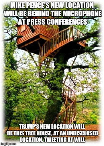 Trump tweeter in Chief 
 | MIKE PENCE'S NEW LOCATION WILL BE BEHIND THE MICROPHONE AT PRESS CONFERENCES; TRUMP'S NEW LOCATION WILL BE THIS TREE HOUSE, AT AN UNDISCLOSED LOCATION, TWEETING AT WILL | image tagged in trump,pence,tweet,twitter | made w/ Imgflip meme maker