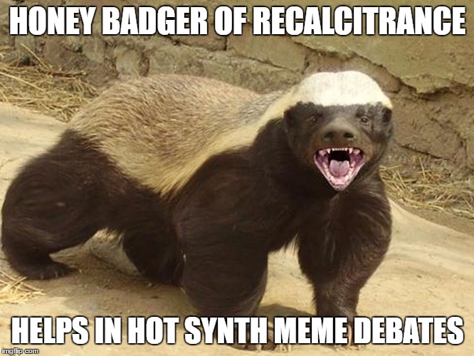 honey badger | HONEY BADGER OF RECALCITRANCE; HELPS IN HOT SYNTH MEME DEBATES | image tagged in honey badger | made w/ Imgflip meme maker