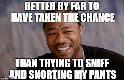 Yo Dawg Heard You Meme | BETTER BY FAR TO HAVE TAKEN THE CHANCE THAN TRYING TO SNIFF AND SNORTING MY PANTS | image tagged in memes,yo dawg heard you | made w/ Imgflip meme maker