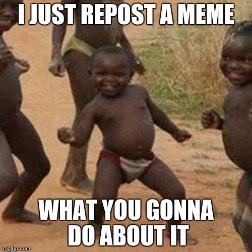 Third World Success Kid Meme |  I JUST REPOST A MEME; WHAT YOU GONNA DO ABOUT IT | image tagged in memes,third world success kid | made w/ Imgflip meme maker