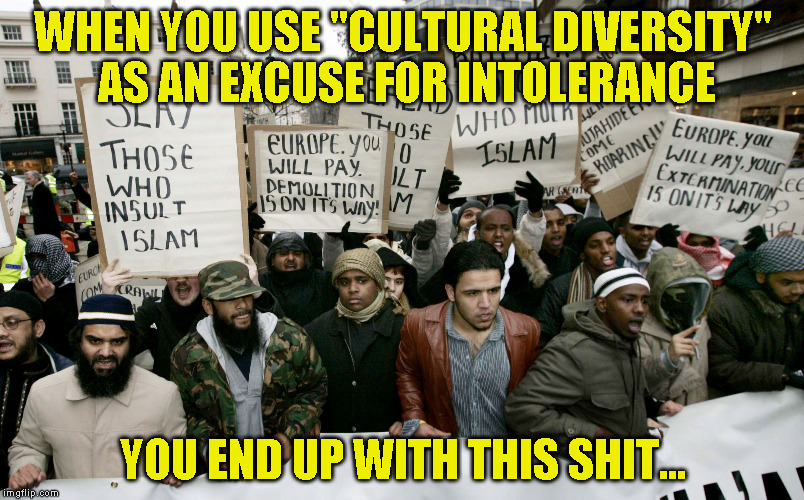 moderate muslims | WHEN YOU USE "CULTURAL DIVERSITY" AS AN EXCUSE FOR INTOLERANCE; YOU END UP WITH THIS SHIT... | image tagged in moderate muslims | made w/ Imgflip meme maker