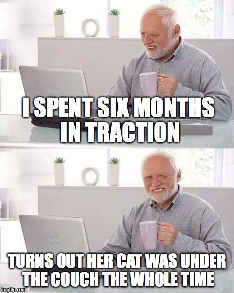 I SPENT SIX MONTHS IN TRACTION TURNS OUT HER CAT WAS UNDER THE COUCH THE WHOLE TIME | made w/ Imgflip meme maker