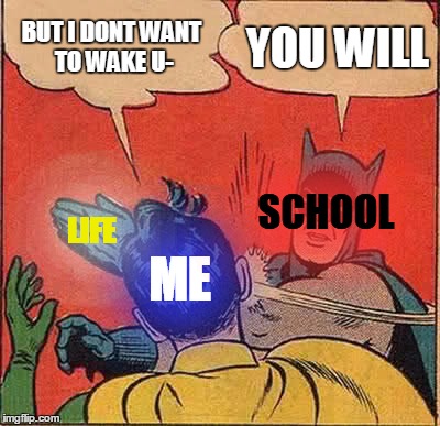 Batman Slapping Robin | BUT I DONT WANT TO WAKE U-; YOU WILL; SCHOOL; LIFE; ME | image tagged in memes,batman slapping robin | made w/ Imgflip meme maker
