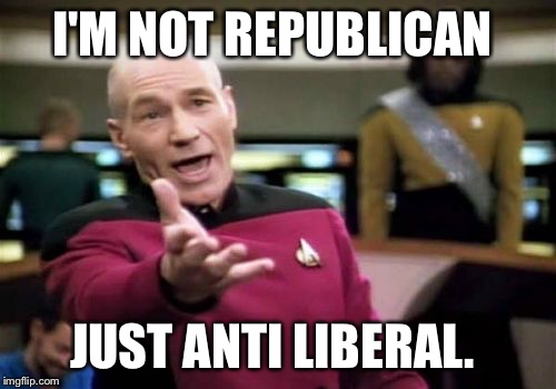 Picard Wtf Meme | I'M NOT REPUBLICAN JUST ANTI LIBERAL. | image tagged in memes,picard wtf | made w/ Imgflip meme maker