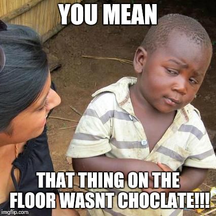 Third World Skeptical Kid Meme | YOU MEAN; THAT THING ON THE FLOOR WASNT CHOCLATE!!! | image tagged in memes,third world skeptical kid | made w/ Imgflip meme maker