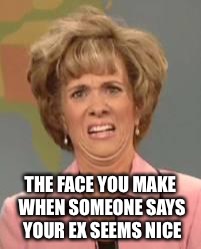 Confused Face Jane | THE FACE YOU MAKE WHEN SOMEONE SAYS YOUR EX SEEMS NICE | image tagged in confused face jane | made w/ Imgflip meme maker