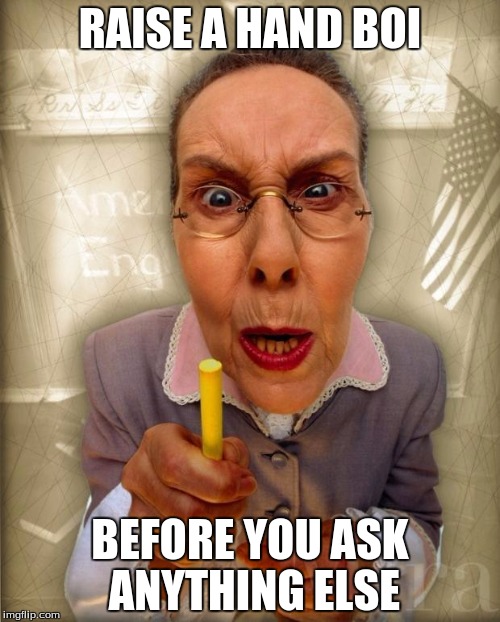 SternTeacher | RAISE A HAND BOI; BEFORE YOU ASK ANYTHING ELSE | image tagged in sternteacher | made w/ Imgflip meme maker