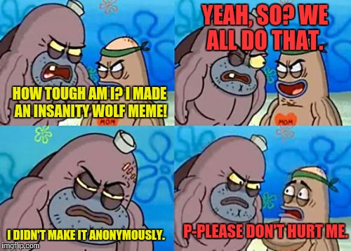 How tough am I? | YEAH, SO? WE ALL DO THAT. HOW TOUGH AM I? I MADE AN INSANITY WOLF MEME! P-PLEASE DON'T HURT ME. I DIDN'T MAKE IT ANONYMOUSLY. | image tagged in how tough am i | made w/ Imgflip meme maker