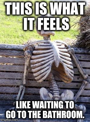 Waiting Skeleton | THIS IS WHAT IT FEELS; LIKE WAITING TO GO TO THE BATHROOM. | image tagged in memes,waiting skeleton | made w/ Imgflip meme maker