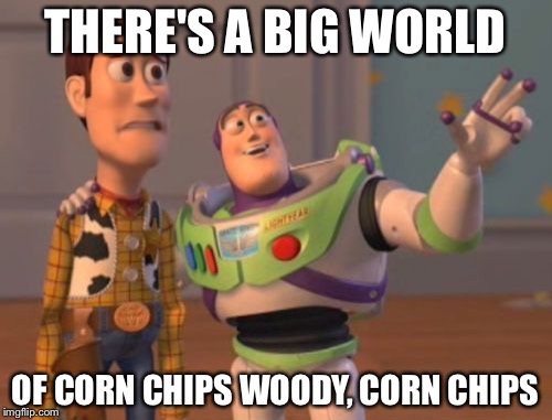 X, X Everywhere Meme | THERE'S A BIG WORLD; OF CORN CHIPS WOODY, CORN CHIPS | image tagged in memes,x x everywhere | made w/ Imgflip meme maker