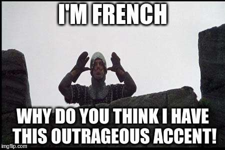 French Taunting in Monty Python's Holy Grail | I'M FRENCH; WHY DO YOU THINK I HAVE THIS OUTRAGEOUS ACCENT! | image tagged in french taunting in monty python's holy grail | made w/ Imgflip meme maker