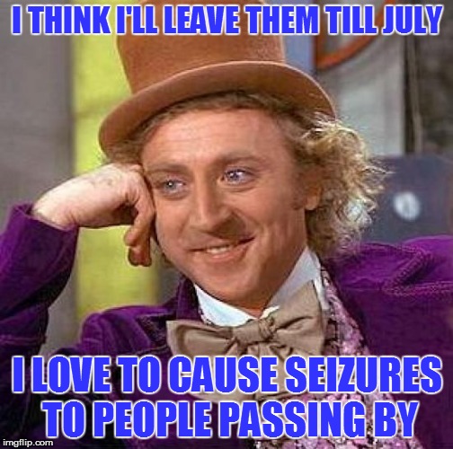 Creepy Condescending Wonka Meme | I THINK I'LL LEAVE THEM TILL JULY I LOVE TO CAUSE SEIZURES TO PEOPLE PASSING BY | image tagged in memes,creepy condescending wonka | made w/ Imgflip meme maker