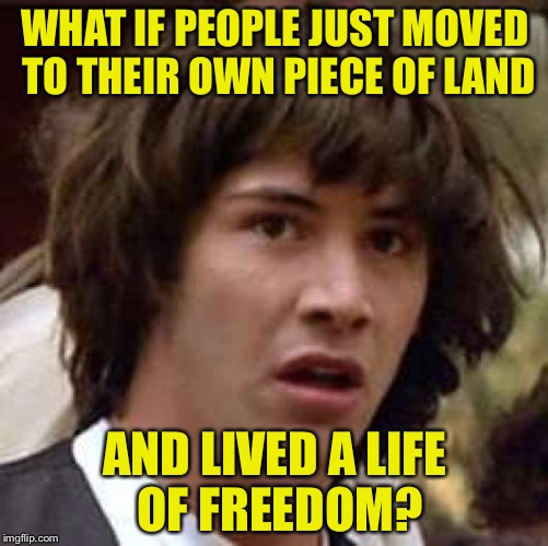 Conspiracy Keanu Meme | WHAT IF PEOPLE JUST MOVED TO THEIR OWN PIECE OF LAND AND LIVED A LIFE OF FREEDOM? | image tagged in memes,conspiracy keanu | made w/ Imgflip meme maker