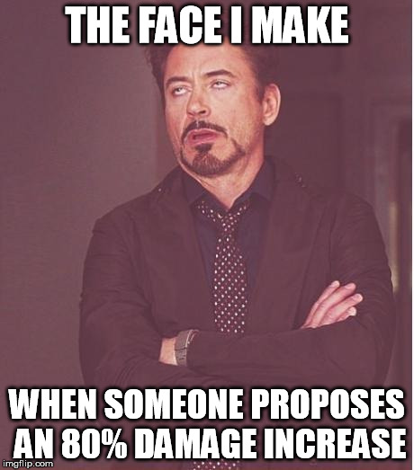 Face You Make Robert Downey Jr Meme | THE FACE I MAKE; WHEN SOMEONE PROPOSES AN 80% DAMAGE INCREASE | image tagged in memes,face you make robert downey jr | made w/ Imgflip meme maker