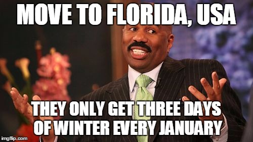 Steve Harvey Meme | MOVE TO FLORIDA, USA THEY ONLY GET THREE DAYS OF WINTER EVERY JANUARY | image tagged in memes,steve harvey | made w/ Imgflip meme maker