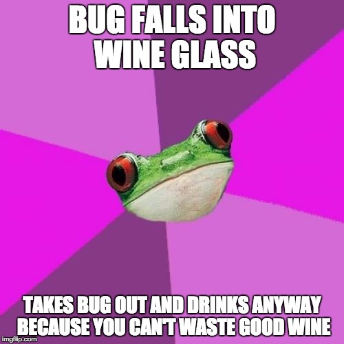 Foul Bachelorette Frog Meme | BUG FALLS INTO WINE GLASS; TAKES BUG OUT AND DRINKS ANYWAY BECAUSE YOU CAN'T WASTE GOOD WINE | image tagged in memes,foul bachelorette frog | made w/ Imgflip meme maker