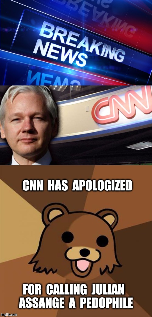 The main Fake News Outlet backs off from their Pizzagate Projection.  Watch for more of this to come. | CNN  HAS  APOLOGIZED; FOR  CALLING  JULIAN  ASSANGE  A  PEDOPHILE | image tagged in julian assange,cnn,fake news,assange,wikileaks,pizzagate | made w/ Imgflip meme maker