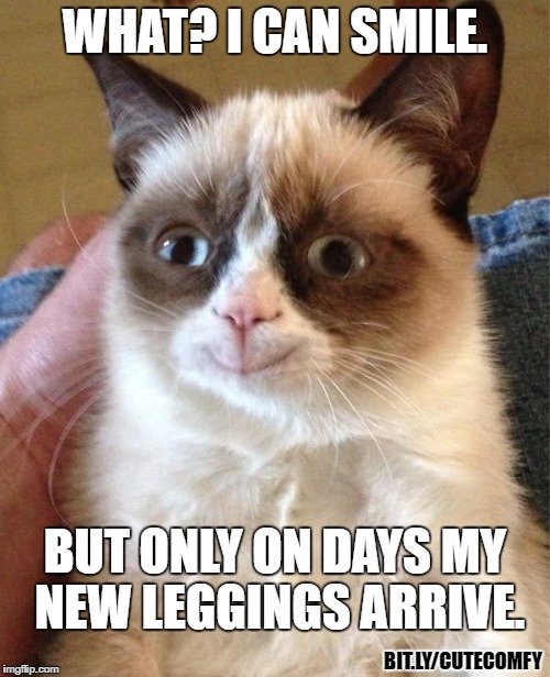 I love to see that smile. | WHAT? I CAN SMILE. BUT ONLY ON DAYS MY NEW LEGGINGS ARRIVE. BIT.LY/CUTECOMFY | image tagged in memes,grumpy cat happy,grumpy cat,funny,leggings,fashion | made w/ Imgflip meme maker