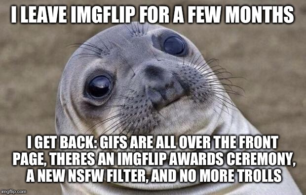 Awkward Moment Sealion | I LEAVE IMGFLIP FOR A FEW MONTHS; I GET BACK: GIFS ARE ALL OVER THE FRONT PAGE, THERES AN IMGFLIP AWARDS CEREMONY, A NEW NSFW FILTER, AND NO MORE TROLLS | image tagged in memes,awkward moment sealion | made w/ Imgflip meme maker