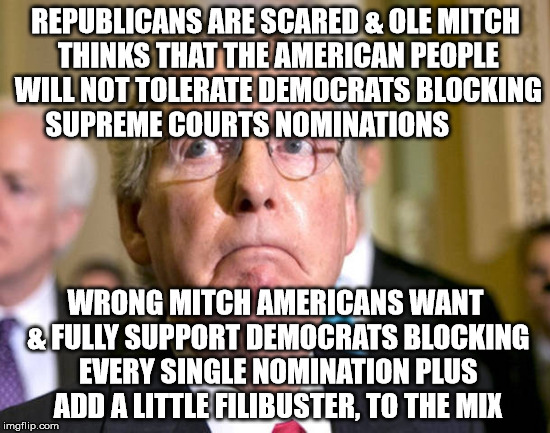 mitch mcconnell | REPUBLICANS ARE SCARED & OLE MITCH THINKS THAT THE AMERICAN PEOPLE WILL NOT TOLERATE DEMOCRATS BLOCKING SUPREME COURTS NOMINATIONS; WRONG MITCH AMERICANS WANT & FULLY SUPPORT DEMOCRATS BLOCKING EVERY SINGLE NOMINATION PLUS ADD A LITTLE FILIBUSTER, TO THE MIX | image tagged in mitch mcconnell | made w/ Imgflip meme maker