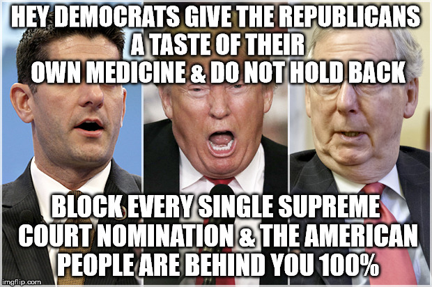 Republicans1234 | HEY DEMOCRATS GIVE THE REPUBLICANS A TASTE OF THEIR OWN MEDICINE & DO NOT HOLD BACK; BLOCK EVERY SINGLE SUPREME COURT NOMINATION & THE AMERICAN PEOPLE ARE BEHIND YOU 100% | image tagged in republicans1234 | made w/ Imgflip meme maker