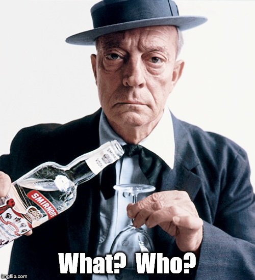 Buster vodka ad | What?  Who? | image tagged in buster vodka ad | made w/ Imgflip meme maker