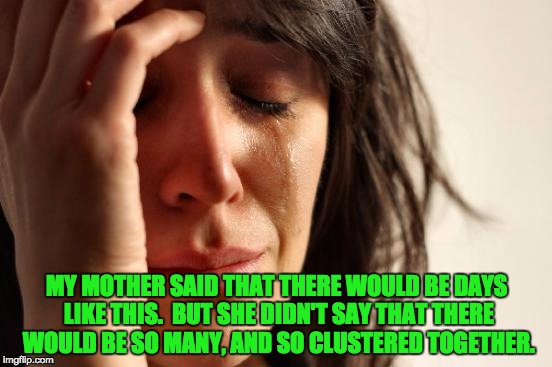 First World Problems Meme | MY MOTHER SAID THAT THERE WOULD BE DAYS LIKE THIS.  BUT SHE DIDN'T SAY THAT THERE WOULD BE SO MANY, AND SO CLUSTERED TOGETHER. | image tagged in memes,first world problems | made w/ Imgflip meme maker