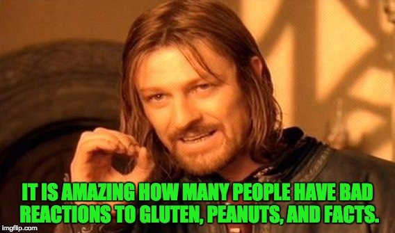 One Does Not Simply Meme | IT IS AMAZING HOW MANY PEOPLE HAVE BAD REACTIONS TO GLUTEN, PEANUTS, AND FACTS. | image tagged in memes,one does not simply | made w/ Imgflip meme maker