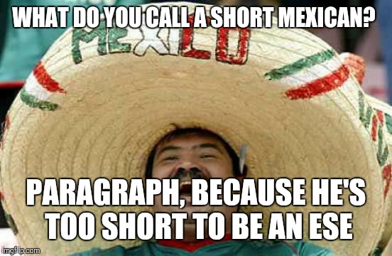 Happy Mexican | WHAT DO YOU CALL A SHORT MEXICAN? PARAGRAPH, BECAUSE HE'S TOO SHORT TO BE AN ESE | image tagged in happy mexican | made w/ Imgflip meme maker