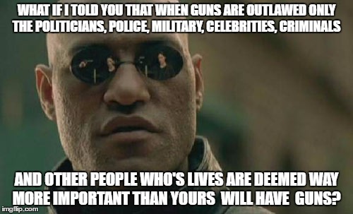 Matrix Morpheus Meme | WHAT IF I TOLD YOU THAT WHEN GUNS ARE OUTLAWED ONLY THE POLITICIANS, POLICE, MILITARY, CELEBRITIES, CRIMINALS; AND OTHER PEOPLE WHO'S LIVES ARE DEEMED WAY MORE IMPORTANT THAN YOURS  WILL HAVE  GUNS? | image tagged in memes,matrix morpheus | made w/ Imgflip meme maker