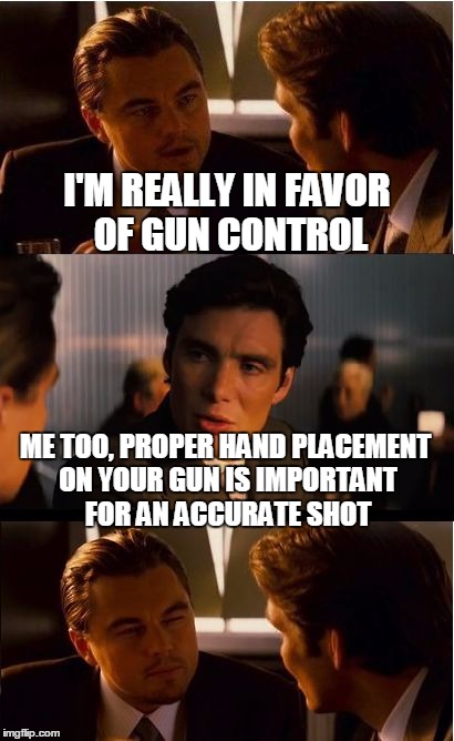 Inception Meme | I'M REALLY IN FAVOR OF GUN CONTROL; ME TOO, PROPER HAND PLACEMENT ON YOUR GUN IS IMPORTANT FOR AN ACCURATE SHOT | image tagged in memes,inception | made w/ Imgflip meme maker