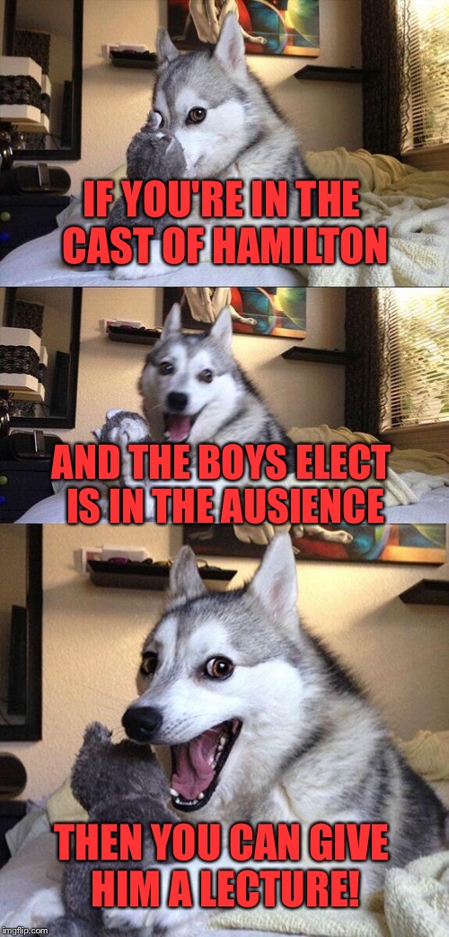 Bad Pun Dog Meme | IF YOU'RE IN THE CAST OF HAMILTON AND THE BOYS ELECT IS IN THE AUSIENCE THEN YOU CAN GIVE HIM A LECTURE! | image tagged in memes,bad pun dog | made w/ Imgflip meme maker