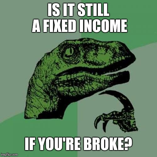 Philosoraptor Meme | IS IT STILL A FIXED INCOME; IF YOU'RE BROKE? | image tagged in memes,philosoraptor | made w/ Imgflip meme maker