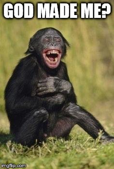 Laughing monkey | GOD MADE ME? | image tagged in laughing monkey | made w/ Imgflip meme maker