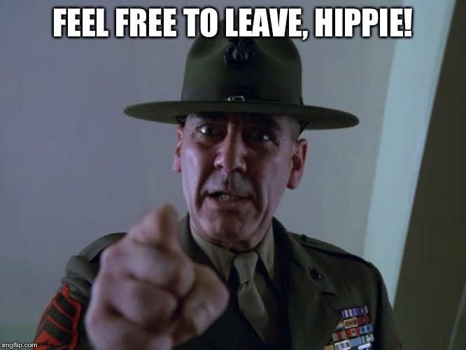 Feel Free To Leave, Hippie! | FEEL FREE TO LEAVE, HIPPIE! | image tagged in r lee ermey,memes,full metal jacket,full metal jacket pointing at you,usmc | made w/ Imgflip meme maker