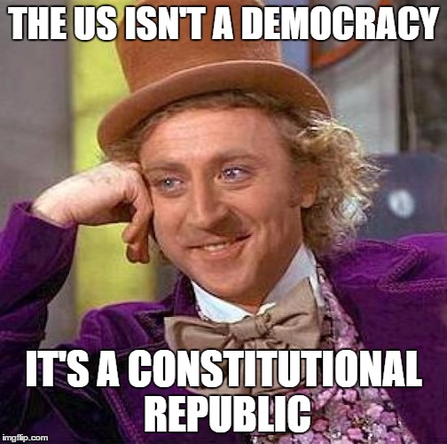 Creepy Condescending Wonka Meme | THE US ISN'T A DEMOCRACY IT'S A CONSTITUTIONAL REPUBLIC | image tagged in memes,creepy condescending wonka | made w/ Imgflip meme maker