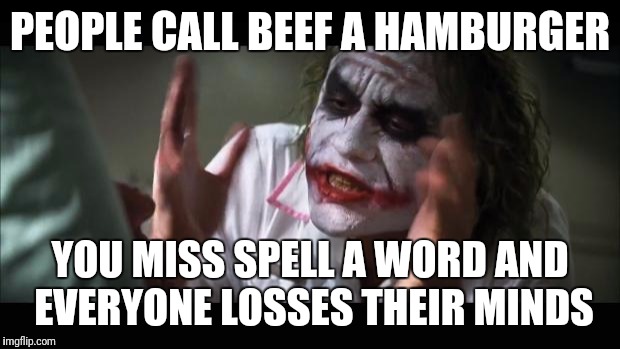 And everybody loses their minds | PEOPLE CALL BEEF A HAMBURGER; YOU MISS SPELL A WORD AND EVERYONE LOSSES THEIR MINDS | image tagged in memes,and everybody loses their minds | made w/ Imgflip meme maker