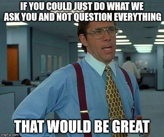 That Would Be Great | IF YOU COULD JUST DO WHAT WE ASK YOU AND NOT QUESTION EVERYTHING; THAT WOULD BE GREAT | image tagged in memes,that would be great | made w/ Imgflip meme maker