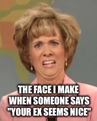 Confused Face Jane | THE FACE I MAKE WHEN SOMEONE SAYS "YOUR EX SEEMS NICE" | image tagged in confused face jane | made w/ Imgflip meme maker