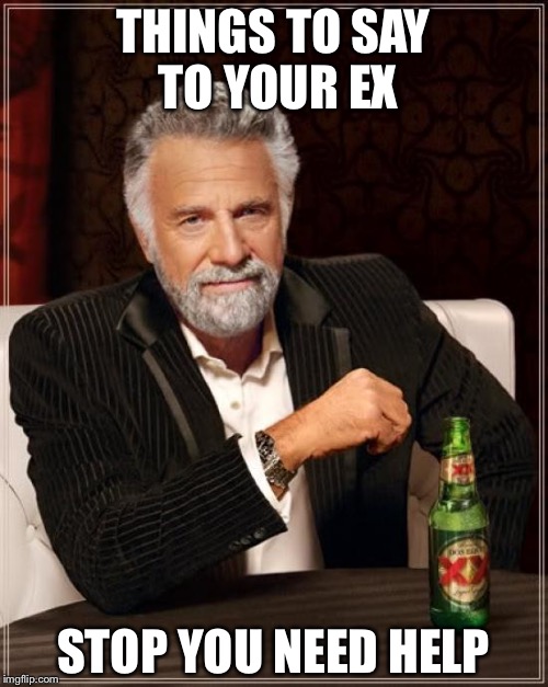 The Most Interesting Man In The World Meme | THINGS TO SAY TO YOUR EX; STOP YOU NEED HELP | image tagged in memes,the most interesting man in the world | made w/ Imgflip meme maker