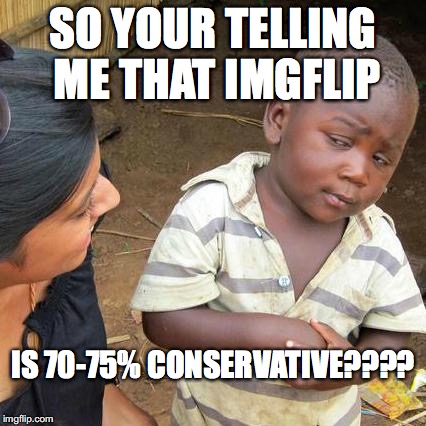 Third World Skeptical Kid Meme | SO YOUR TELLING ME THAT IMGFLIP IS 70-75% CONSERVATIVE???? | image tagged in memes,third world skeptical kid | made w/ Imgflip meme maker