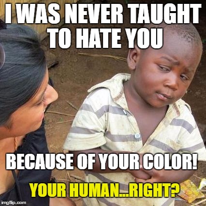 Raised Right | I WAS NEVER TAUGHT TO HATE YOU; BECAUSE OF YOUR COLOR! YOUR HUMAN...RIGHT? | image tagged in memes,third world skeptical kid,parenting,human rights | made w/ Imgflip meme maker