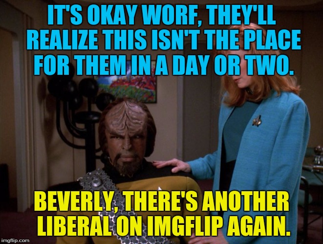 It's okay, Worf. | IT'S OKAY WORF, THEY'LL REALIZE THIS ISN'T THE PLACE FOR THEM IN A DAY OR TWO. BEVERLY, THERE'S ANOTHER LIBERAL ON IMGFLIP AGAIN. | image tagged in it's okay worf. | made w/ Imgflip meme maker