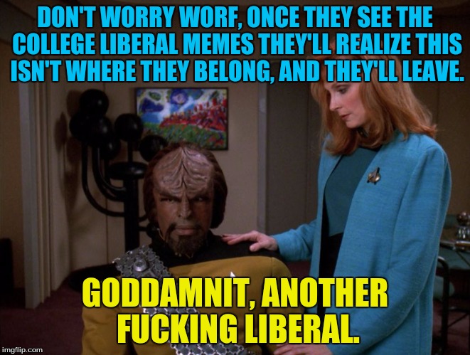 It's okay, Worf. | DON'T WORRY WORF, ONCE THEY SEE THE COLLEGE LIBERAL MEMES THEY'LL REALIZE THIS ISN'T WHERE THEY BELONG, AND THEY'LL LEAVE. GO***MNIT, ANOTHE | image tagged in it's okay worf. | made w/ Imgflip meme maker