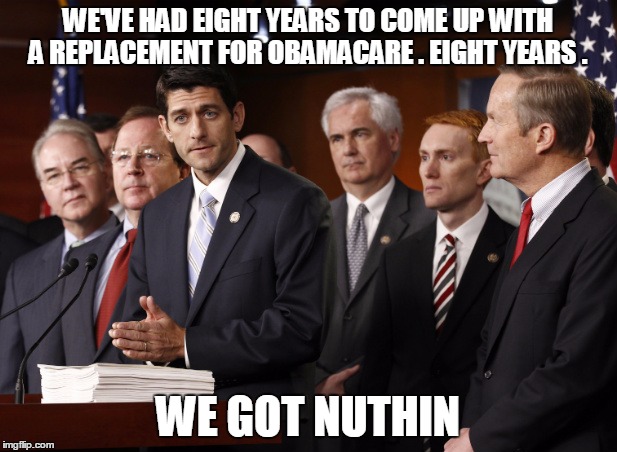 WE'VE HAD EIGHT YEARS TO COME UP WITH A REPLACEMENT FOR OBAMACARE . EIGHT YEARS . WE GOT NUTHIN | image tagged in politics | made w/ Imgflip meme maker