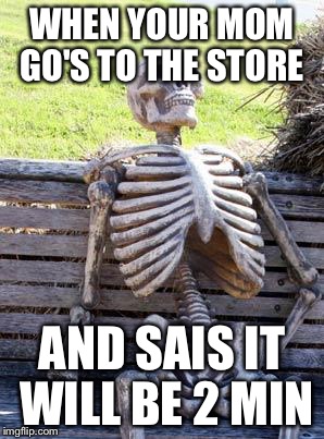 Waiting Skeleton | WHEN YOUR MOM GO'S TO THE STORE; AND SAIS IT WILL BE 2 MIN | image tagged in memes,waiting skeleton | made w/ Imgflip meme maker