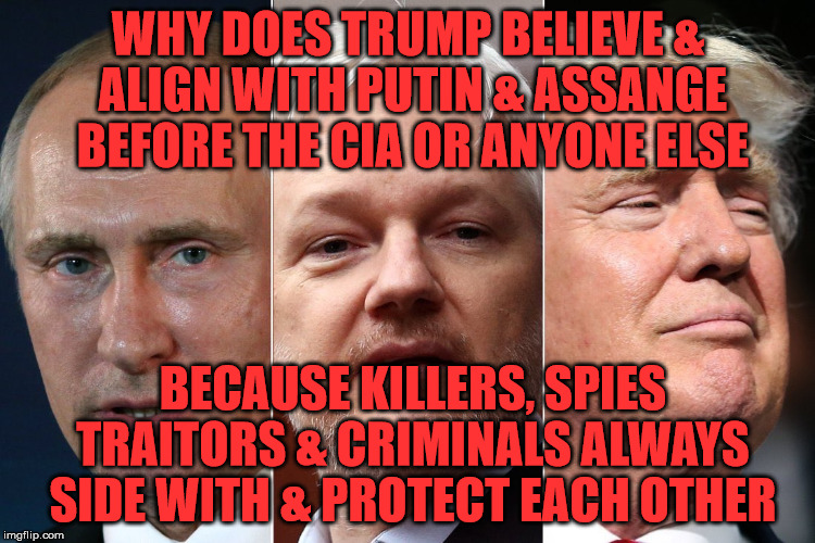 Putin Assange Trump | WHY DOES TRUMP BELIEVE & ALIGN WITH PUTIN & ASSANGE BEFORE THE CIA OR ANYONE ELSE; BECAUSE KILLERS, SPIES TRAITORS & CRIMINALS ALWAYS SIDE WITH & PROTECT EACH OTHER | image tagged in putin assange trump | made w/ Imgflip meme maker