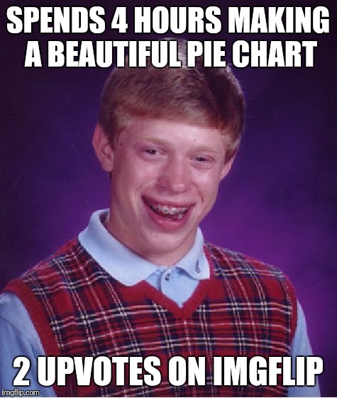 SPENDS 4 HOURS MAKING A BEAUTIFUL PIE CHART 2 UPVOTES ON IMGFLIP | image tagged in memes,bad luck brian | made w/ Imgflip meme maker