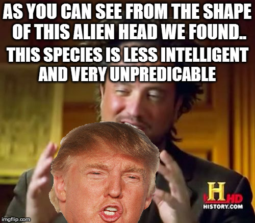 donald trump | AS YOU CAN SEE FROM THE SHAPE OF THIS ALIEN HEAD WE FOUND.. THIS SPECIES IS LESS INTELLIGENT AND VERY UNPREDICABLE | image tagged in memes,ancient aliens | made w/ Imgflip meme maker