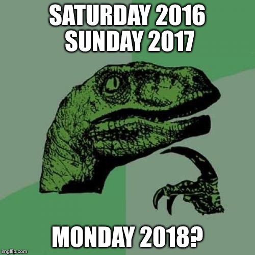 Philosoraptor Meme | SATURDAY 2016 SUNDAY 2017; MONDAY 2018? | image tagged in memes,philosoraptor | made w/ Imgflip meme maker